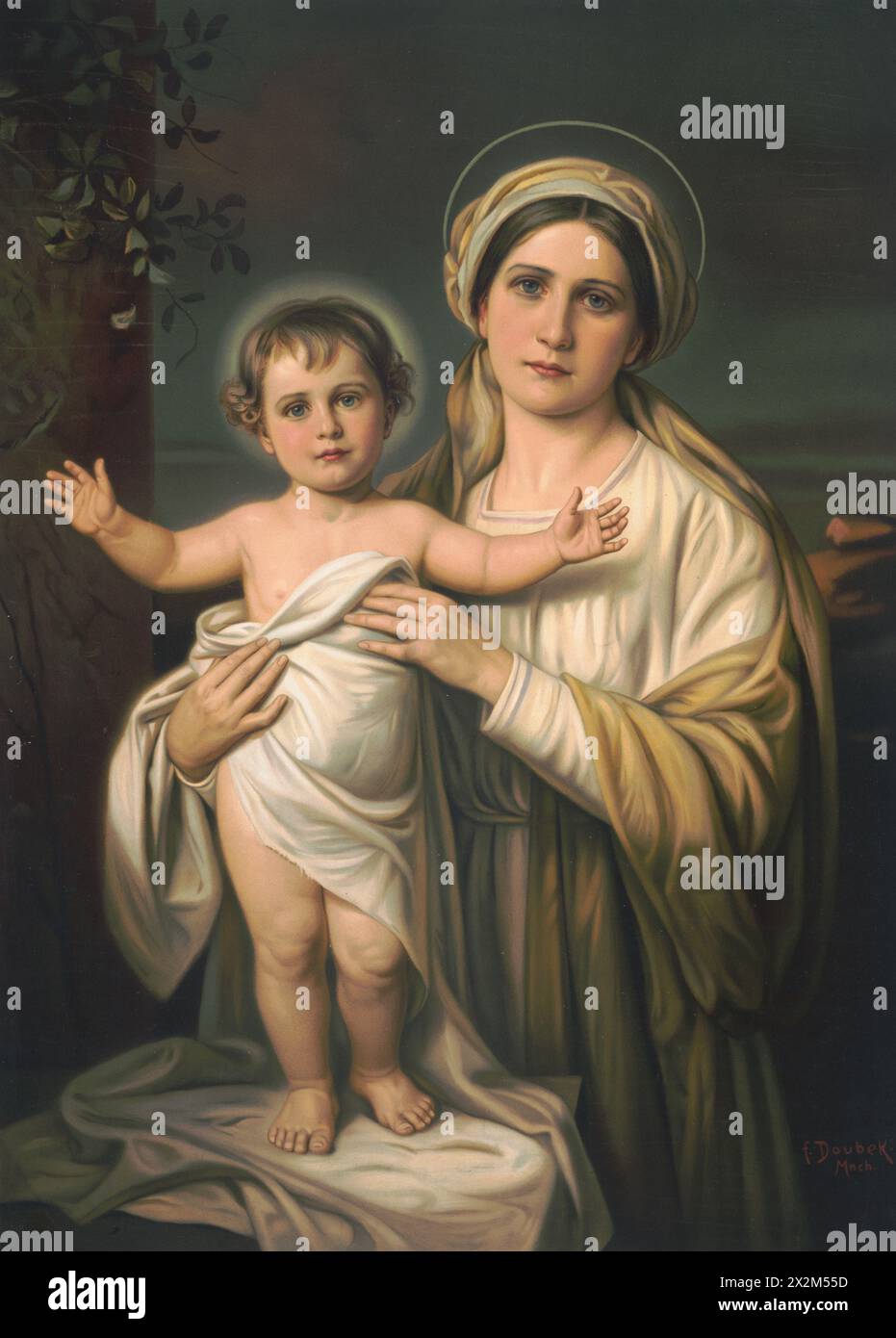 Jungfrau Maria, die Baby Jesus hält, Illustration, Dresden 1914 - Unterschrift rechts unten gedruckt, F. Doubek, München Stockfoto