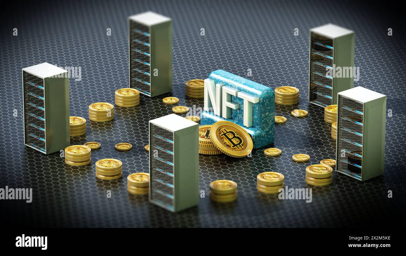 Krypto-Münzen verbinden Datenserver mit NFT-Wort im Zentrum. 3D Abbildung. Stockfoto