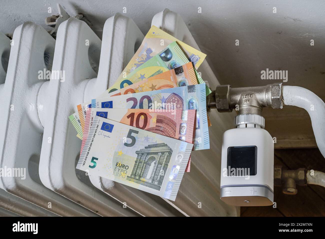 Symbolfoto Energiekosten, Heizkörper, Heizkörper, Digitalthermostat, Geld, Euro Stockfoto