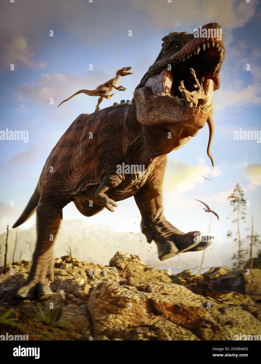 Jurrasic-Szene - Trex-Dinosaurier wird angegriffen, 3D-Illustration Stockfoto