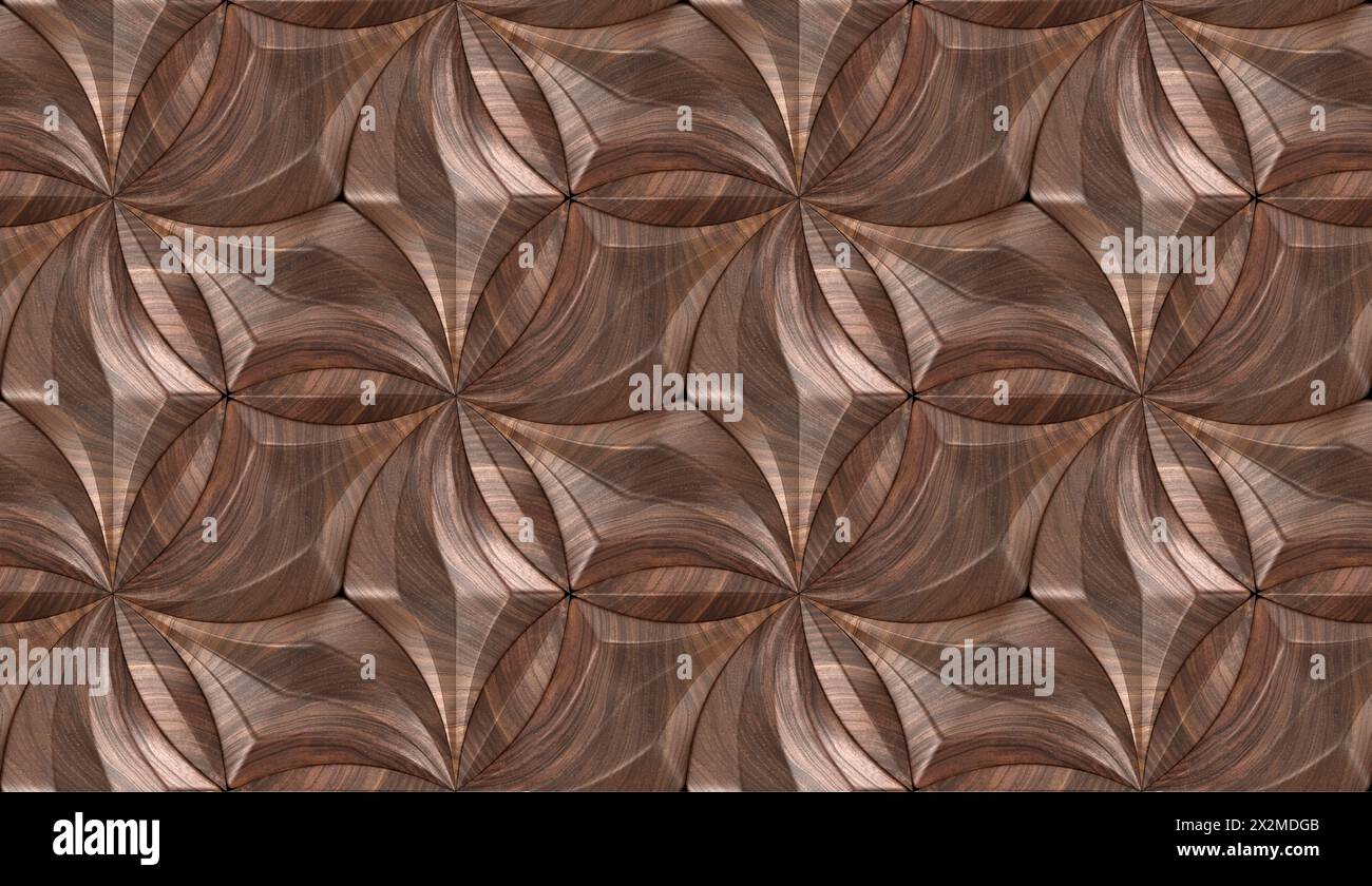 Nahtloses geometrisches Holzmuster mit 3D-Illusionseffekt, das eine abstrakte Textur zeigt, die für Hintergründe oder Tapeten geeignet ist Stockfoto