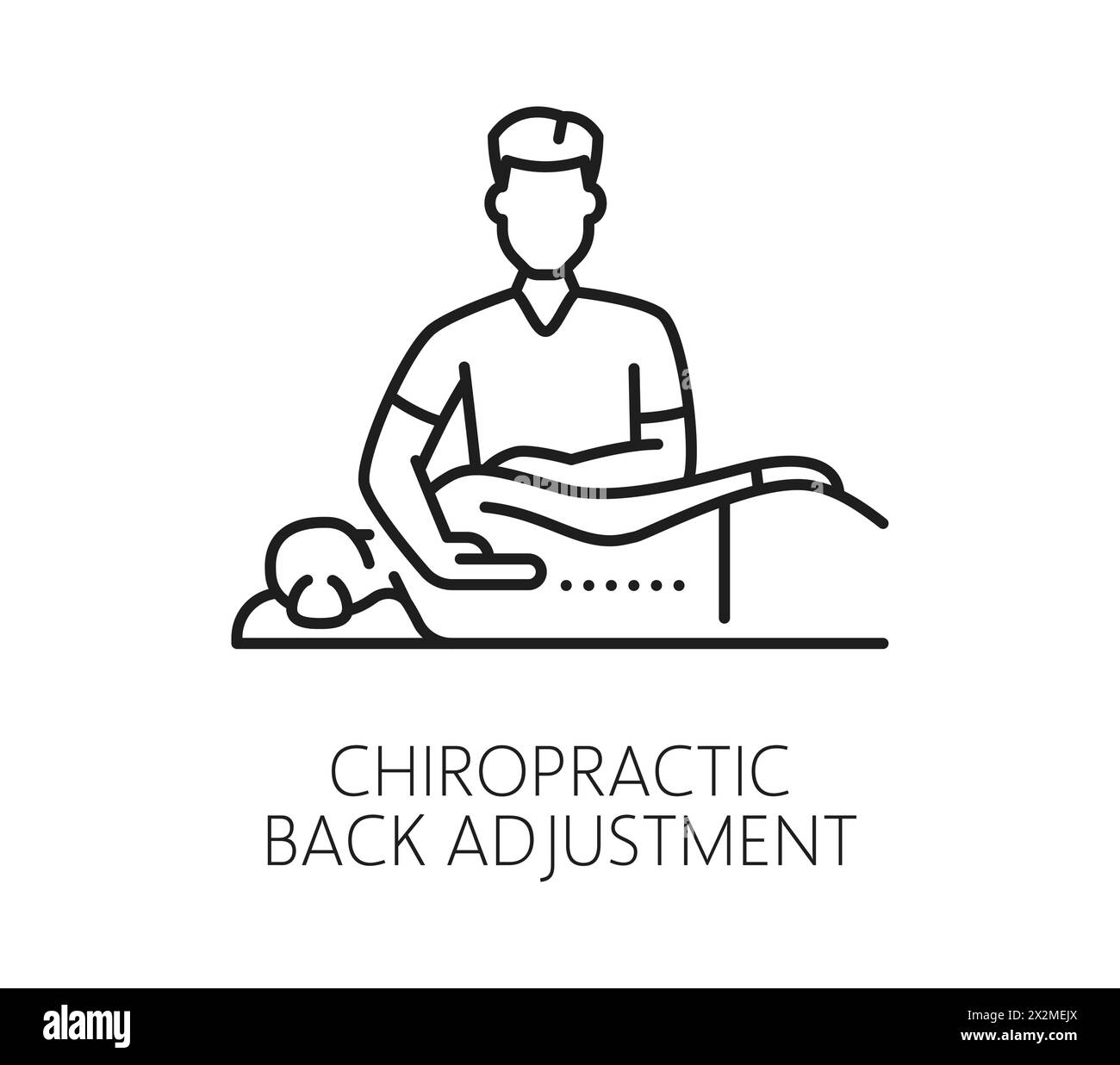 Chiropraktik-Medizin-Liniensymbol für Rückenverstellung oder Wirbelsäulentherapie, Vektorlinien-Piktogramm. Chiropraktisch-medizinische Behandlung und körperorthopädische Physiotherapie-Ikone der schlechten Rückenhaltung Stock Vektor