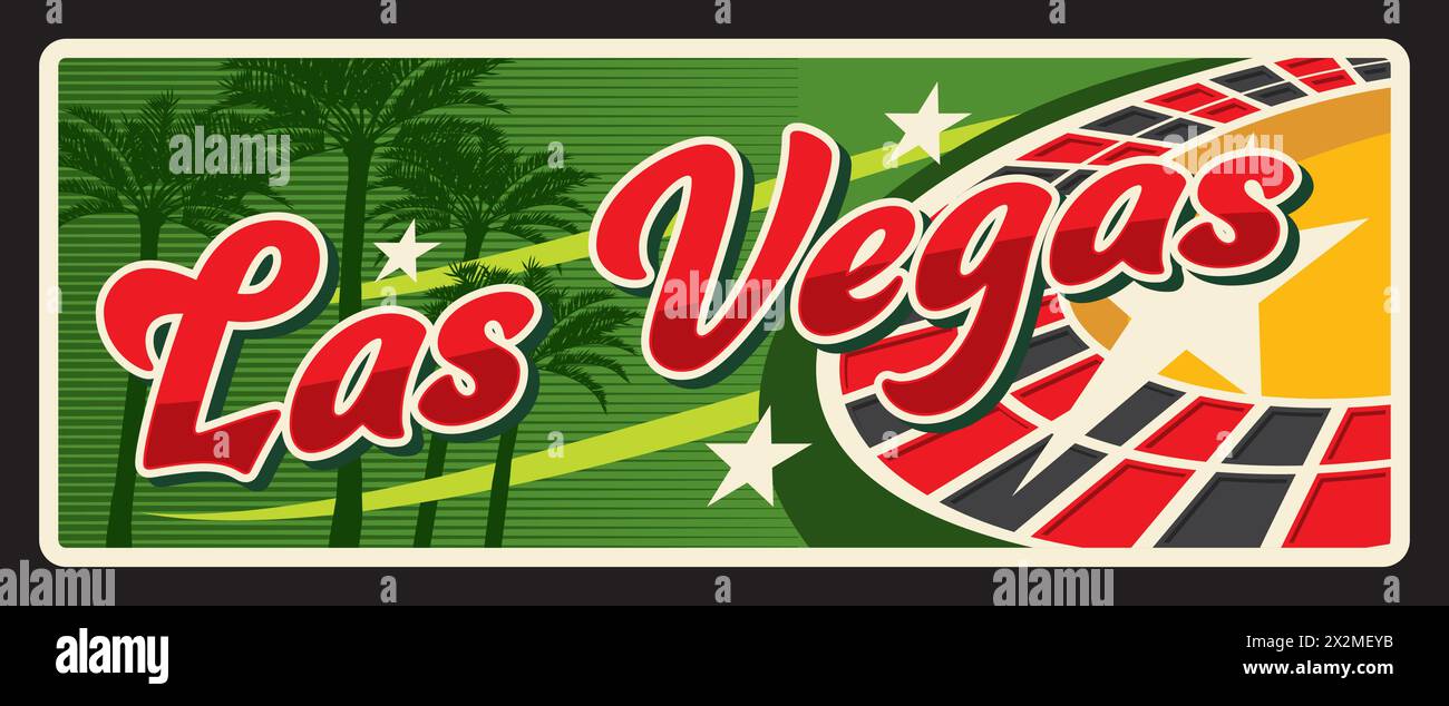 Las Vegas amerikanisches Stadtschild und Reiseaufkleber. Vintage-Plakette der USA Journey, Vektor-Blechschild der Vereinigten Staaten von Amerika mit Casino Roulette, Erinnerungsgeschenk mit Glücksspiel-Symbol Stock Vektor