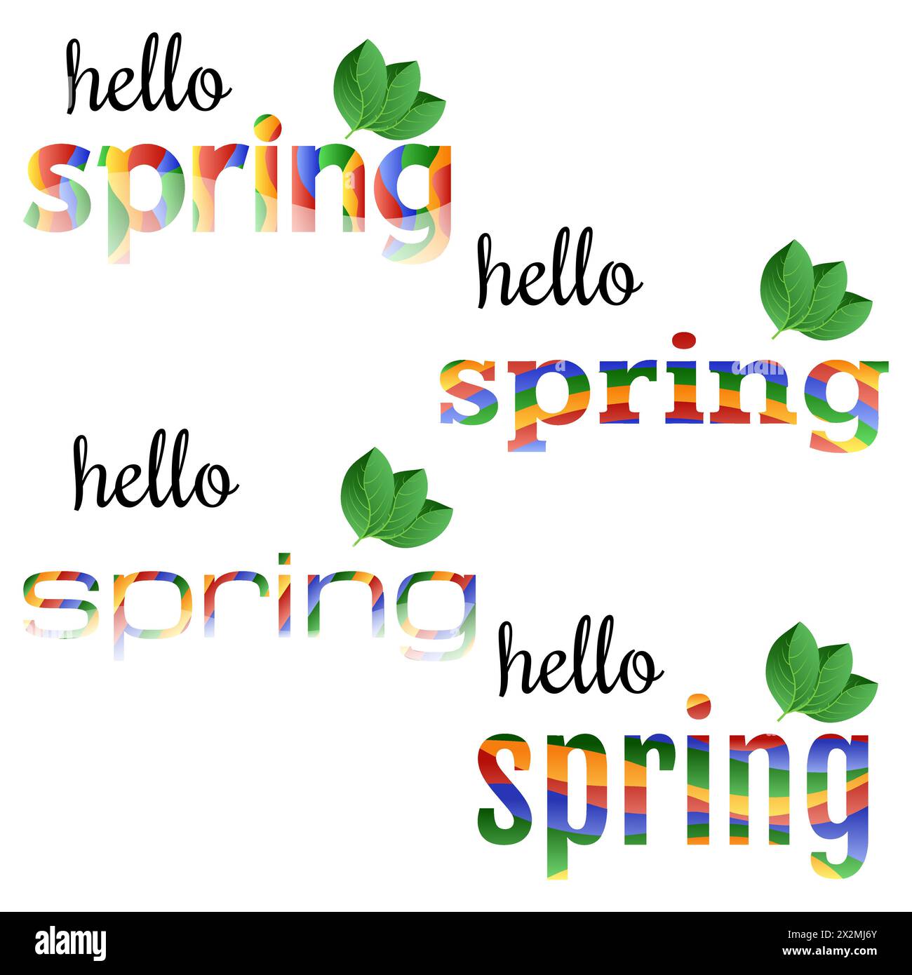 Set mit bunten Phrasen „Hallo Spring“ mit grünen Blättern. Stock Vektor