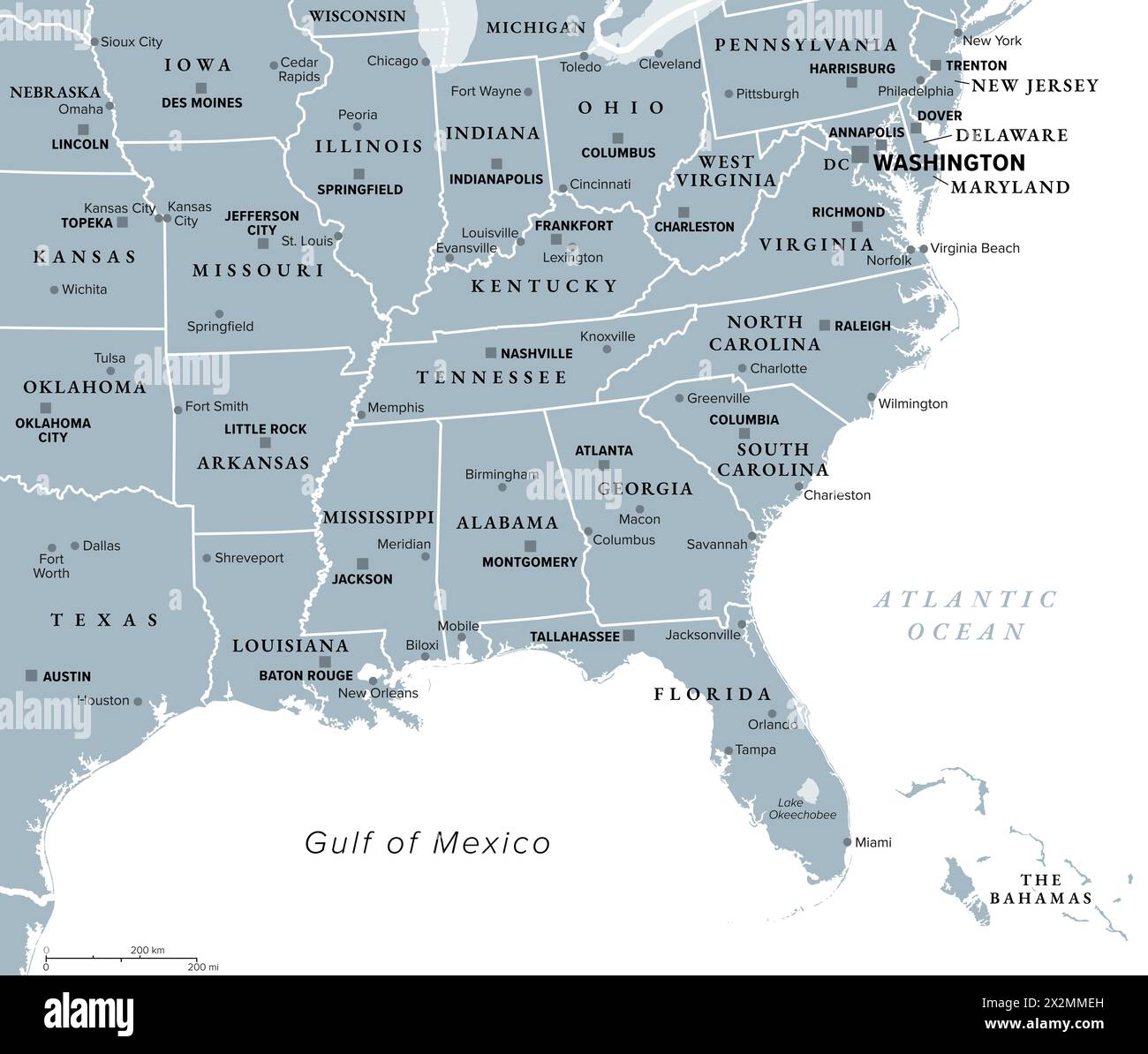 Südöstliche Region, Süden der Vereinigten Staaten, graue politische Karte. Geographische und kulturelle Region, auch als Südstaaten der Vereinigten Staaten bezeichnet. Stockfoto