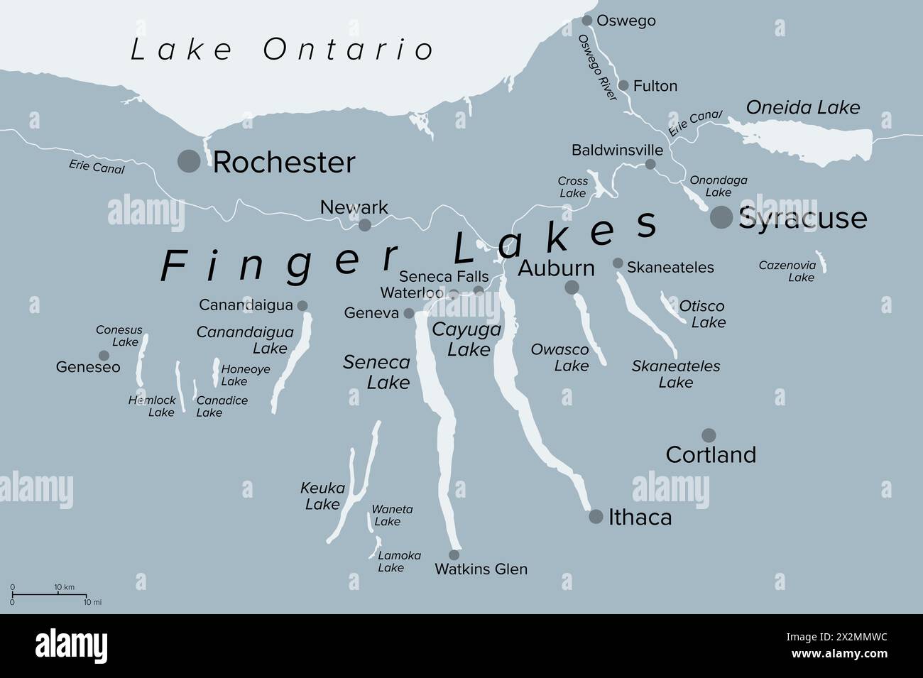 Finger Lakes Region im Bundesstaat New York, USA, graue politische Karte mit den wichtigsten Städten. Gruppe von elf langen, schmalen Seen. Stockfoto