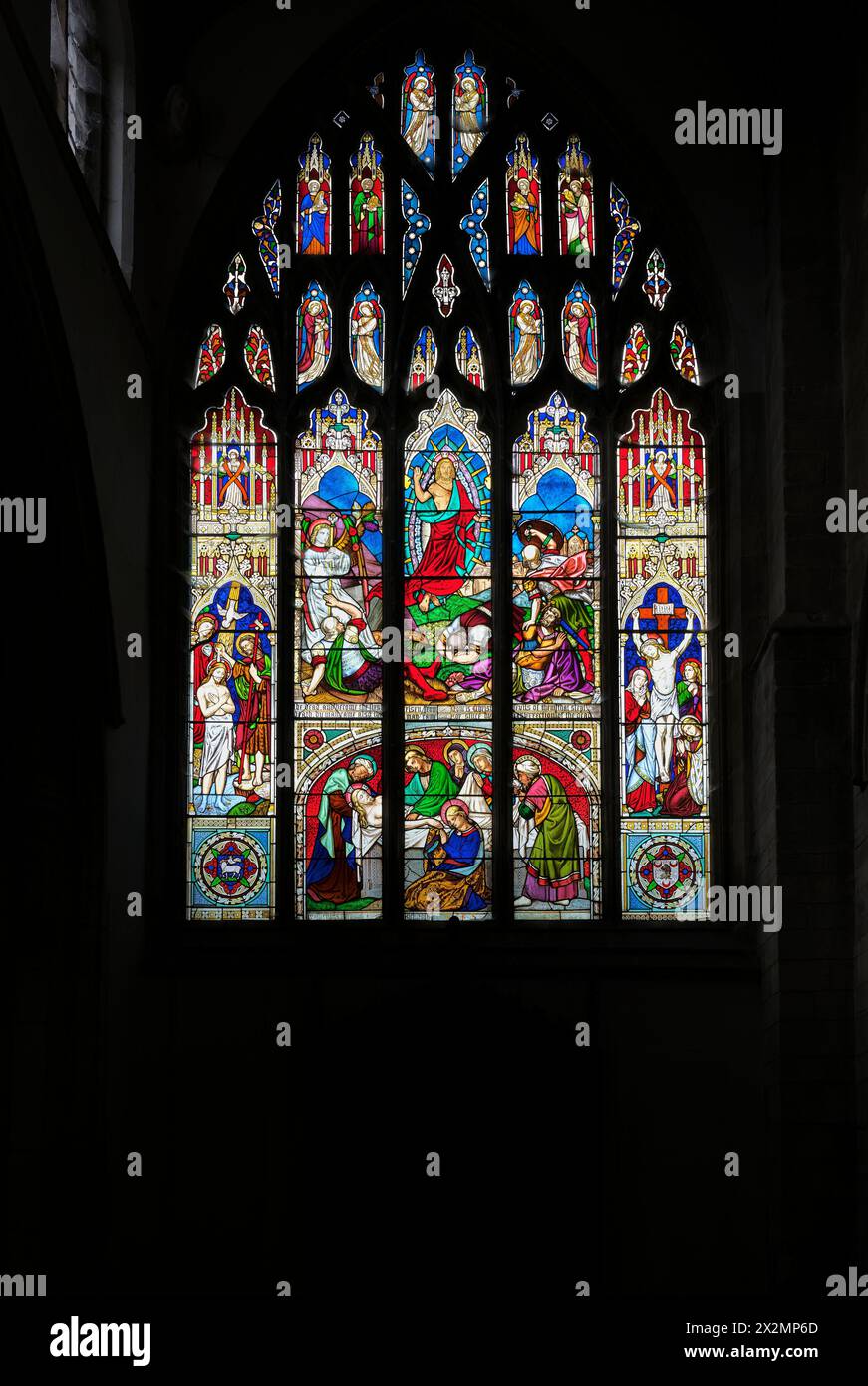 Buntglasfenster, Ereignisse im Leben Jesu Christi, in der St. John the Baptist Church, Stamford, England. Stockfoto
