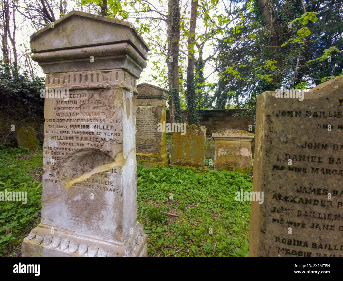 Alter Friedhof Barons Haugh Nature Reserve Motherwell mit einem Mausoleum, das die Gräber der Familie Hamilton beherbergt. Stockfoto