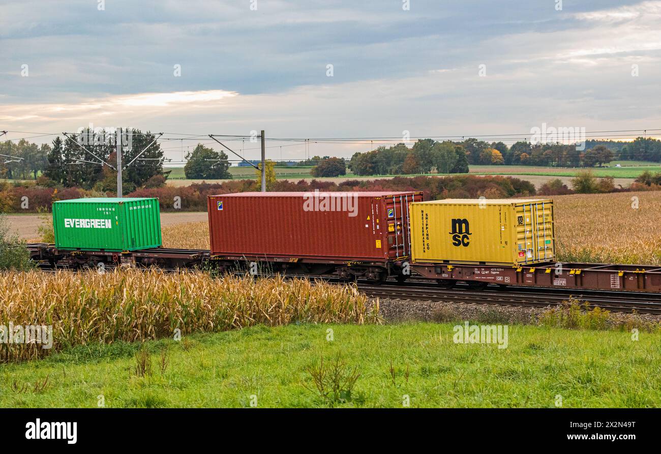 Mehrere Schiffscontainer, darunter einer der Firma MSC und Evergreen, werden auf der Bahnstrecke zwischen München und Nürnberg durch Deutschland trans Stockfoto