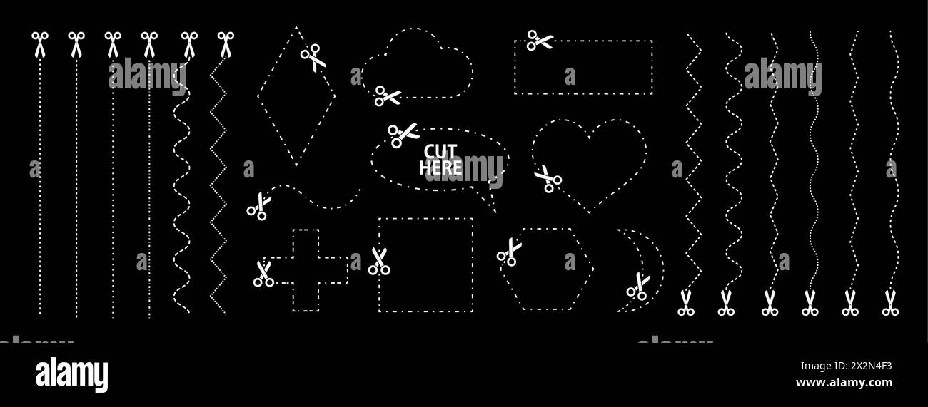 Schere mit Schnittlinien. Vektorsammlung verschiedener geometrischer Formen mit gestrichelten Strichen und Schere, die das Papier nach verschiedenen Formen schneidet Stock Vektor