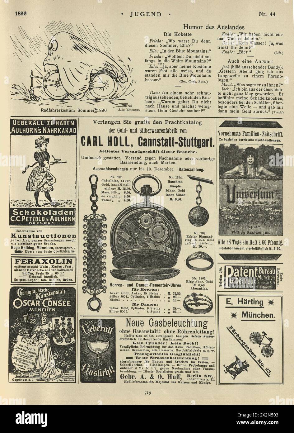 Alte Seite der deutschen Zeitung, Zeitschriftenwerbung, Karikaturen, 1890er Jahre 19. Jahrhundert Stockfoto