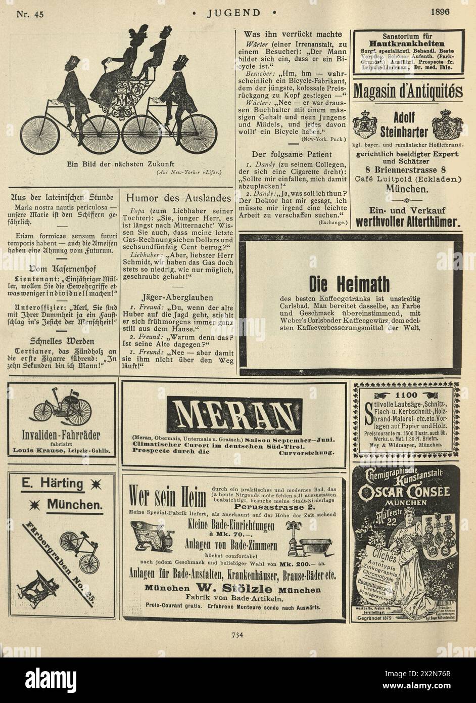 Alte Seite mit Zeitungsanzeigen, Zeichentrickfilm, Radfahren, deutsches 19. Jahrhundert, 1890er Jahre Stockfoto
