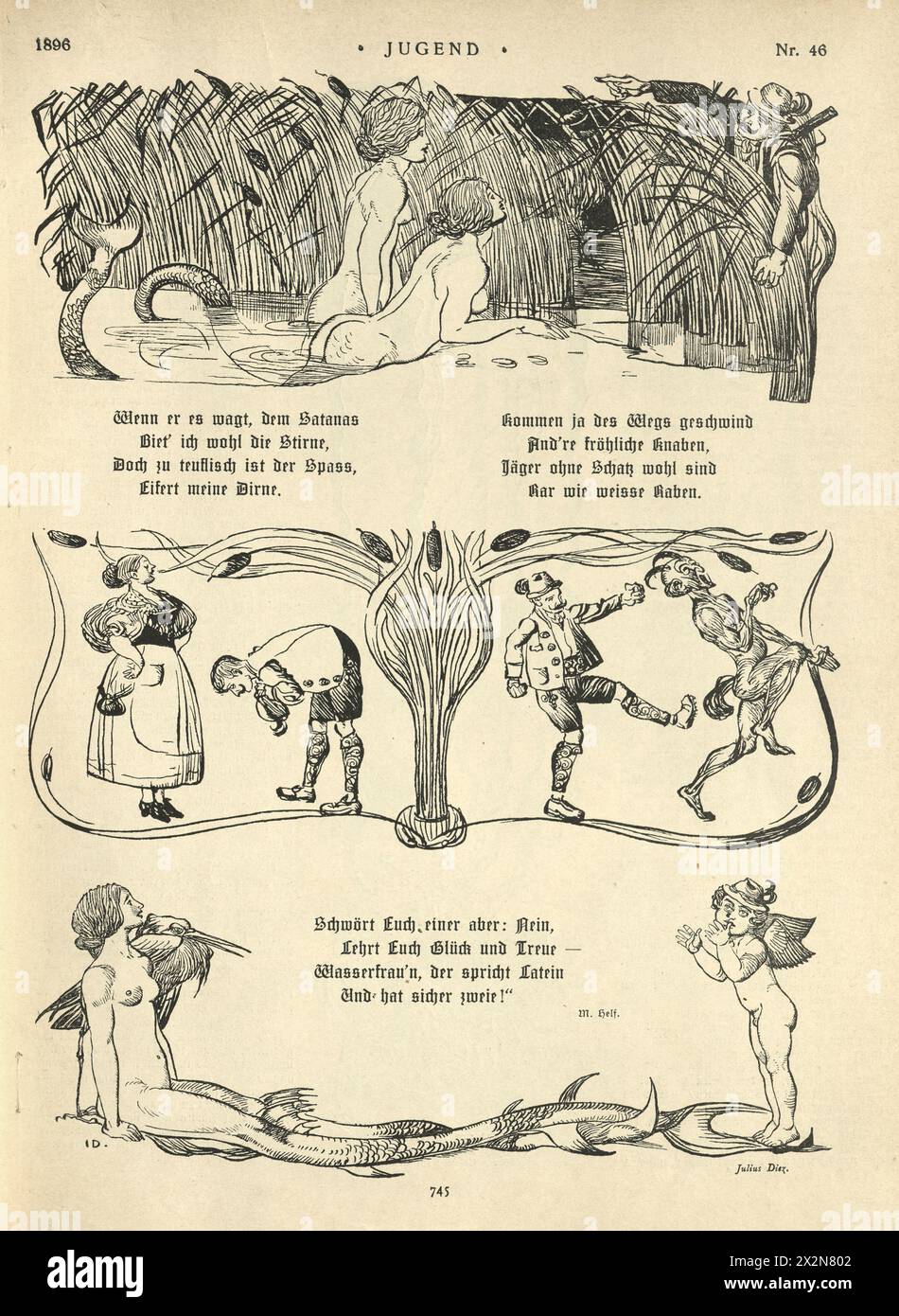 Vintage Illustration Meerjungfrau oder Wassersprite, Fantasy, Märchen, Mythologie, Deutsch, Jugendstil, Jugendstil, 1890er, 19. Jahrhundert. Stockfoto