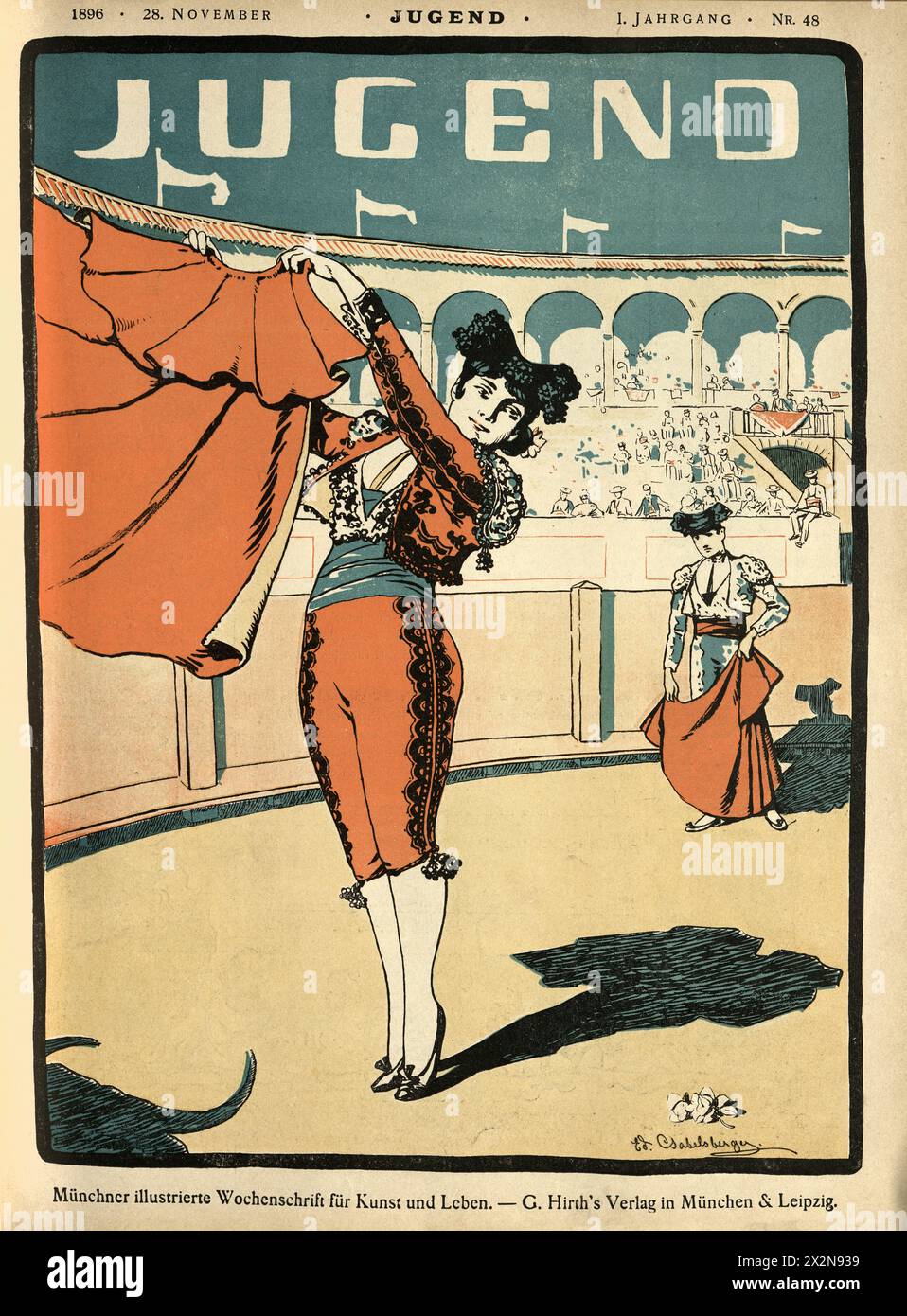 Vintage Illustration weiblicher Matador in Stierkampfarena, Rotes cape, Deutsch, Jugendstil, Jugendstil, Jugendstil, 1890er Jahre, 19. Jahrhundert. Stockfoto