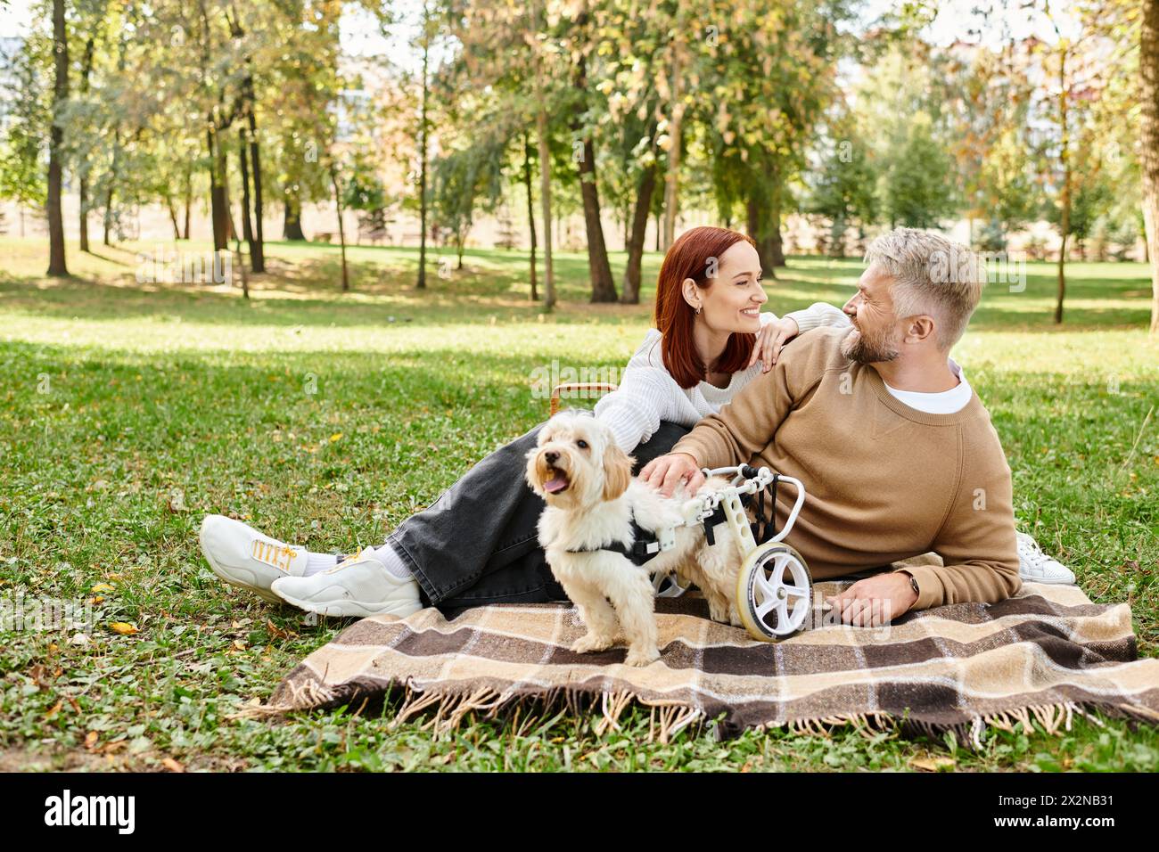Ein Mann und eine Frau sitzen auf einer Decke mit ihrem geliebten Hund in einer friedlichen Parklandschaft. Stockfoto