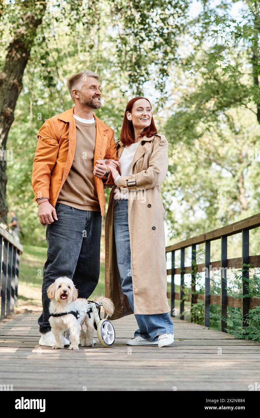 Erwachsenes Paar spaziert Hund auf Brücke im Park. Stockfoto