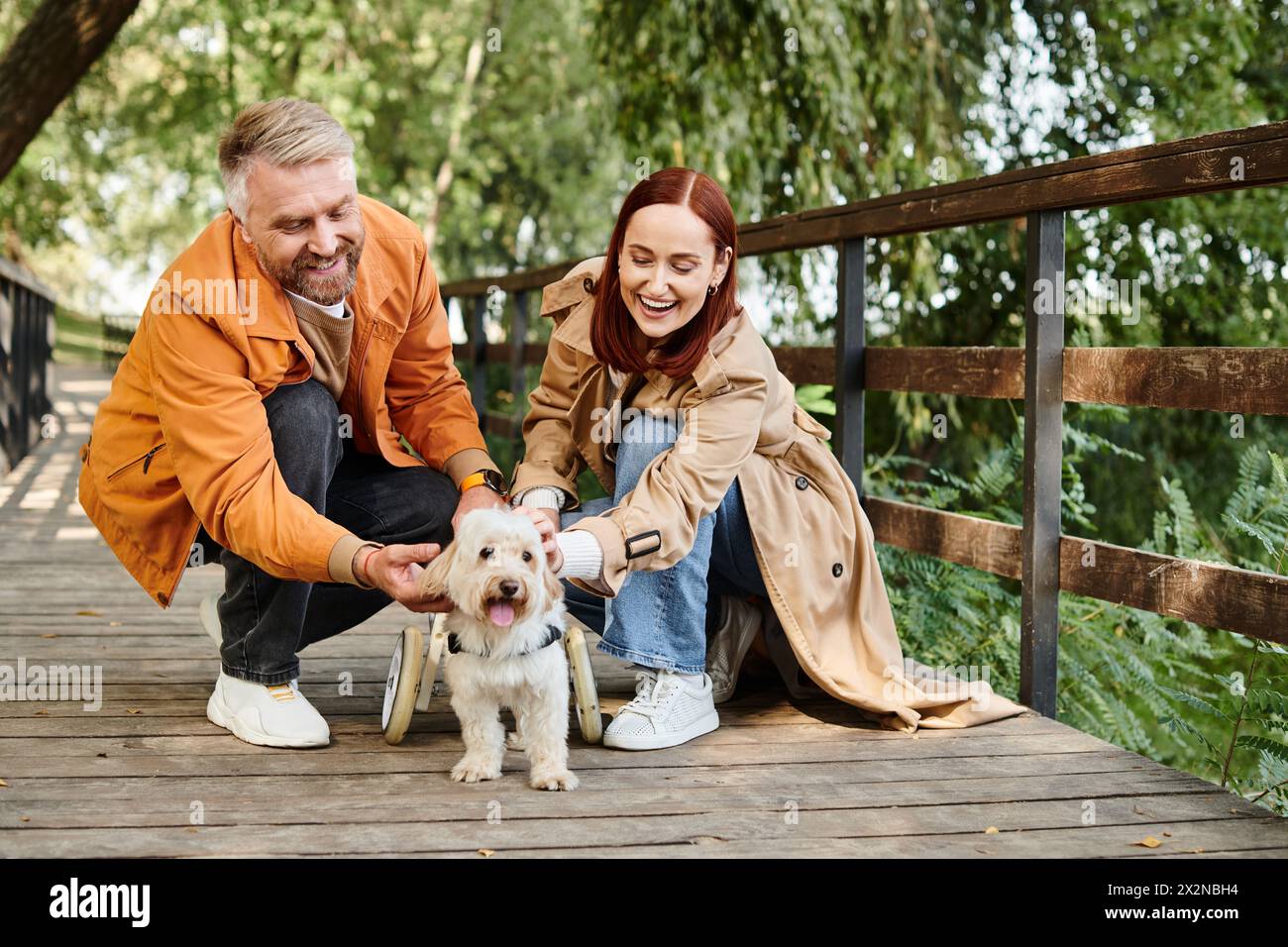 Ein Mann und eine Frau in lässiger Kleidung streicheln gern einen Hund auf einer Brücke im Park. Stockfoto
