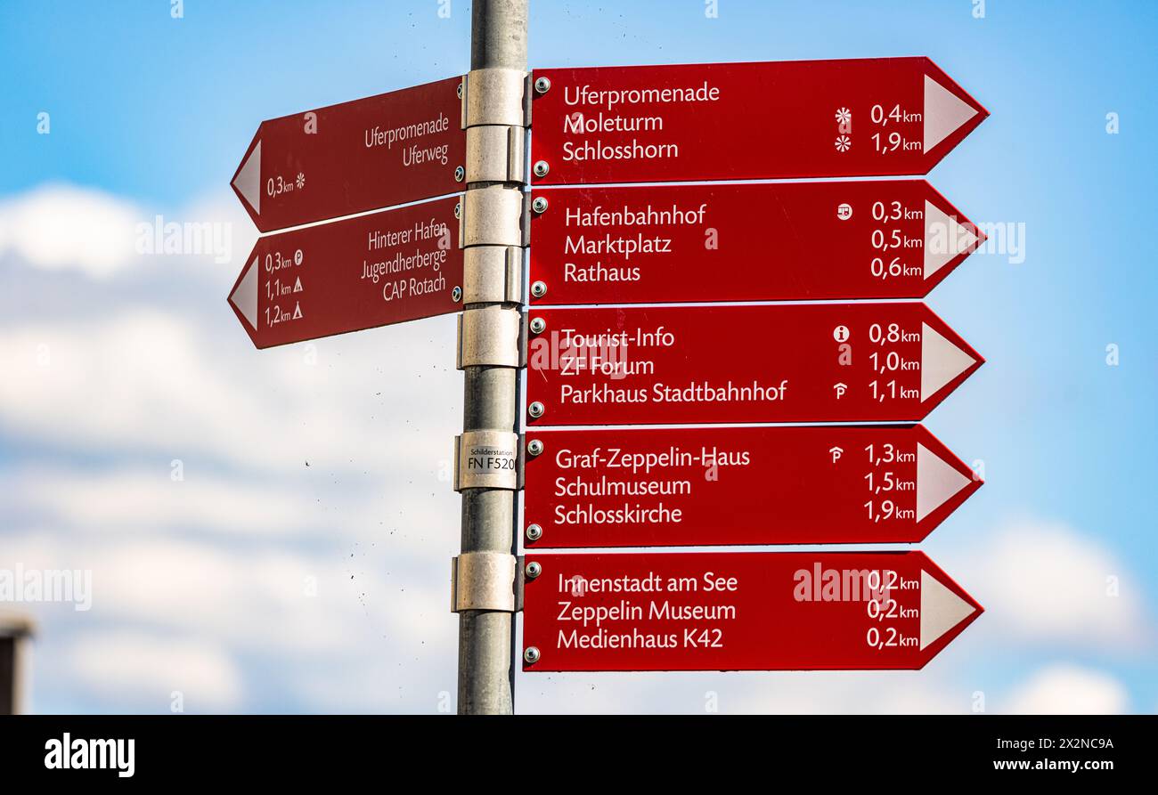 Ein Wegweiser bei der Uferpromenade in Friedrichshafen weisst den Weg zu den verschiedenen Örtlichkeiten. (Friedrichshafen, Deutschland, 21.08.2022) Stockfoto