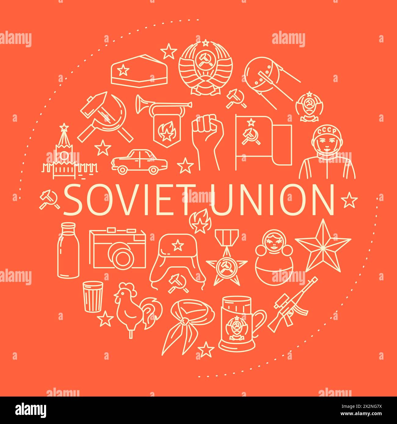 Runder Poster mit Symbolen der ehemaligen Sowjetunion. Vektorabbildung. Stock Vektor