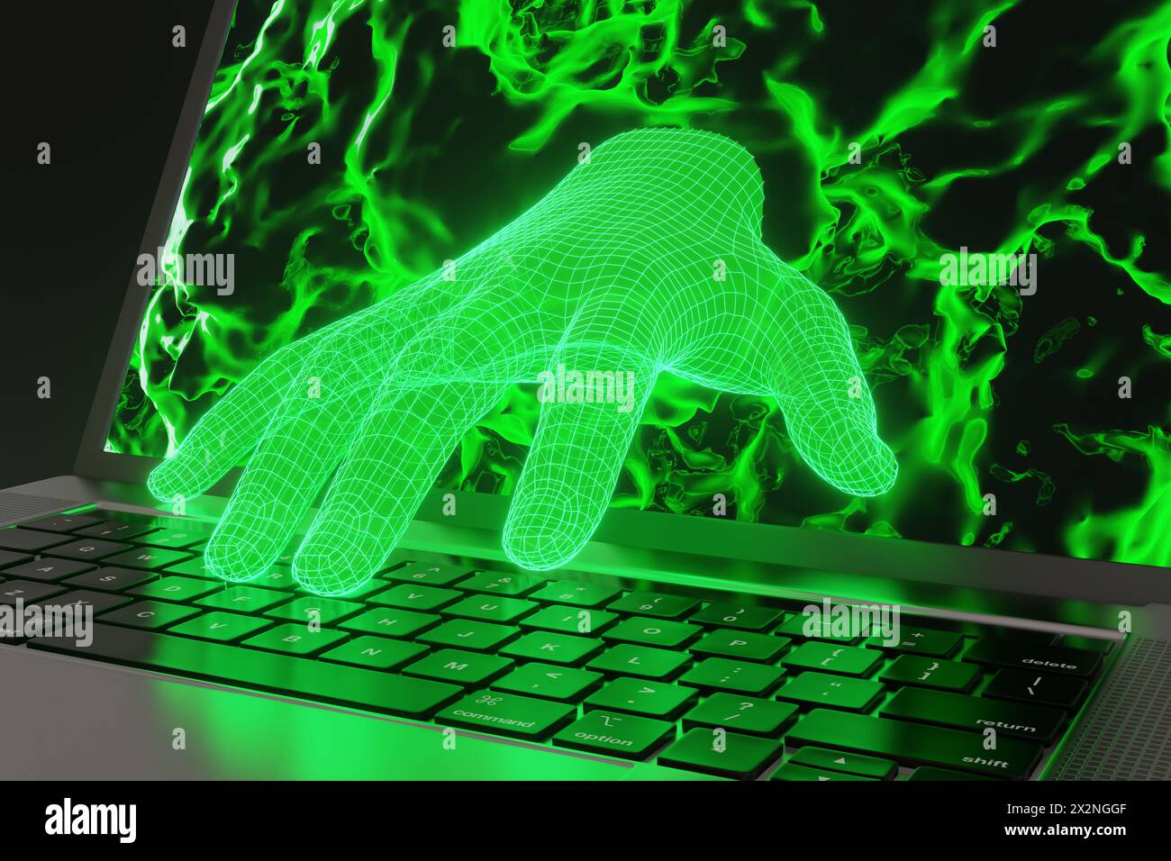 Leuchtend vernetzte grüne menschliche Hand, die sich von einem schwarzen Laptop-Bildschirm bis zur Tastatur mit abstraktem Hintergrund erstreckt. Internetsicherheit und Online-Betrug Stockfoto