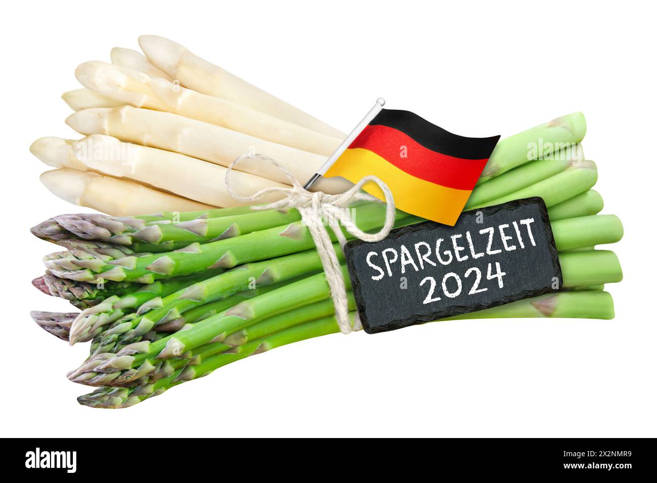 Deutsche Flagge und Label Spargel Saison 2024 isoliert auf weißem Hintergrund Stockfoto