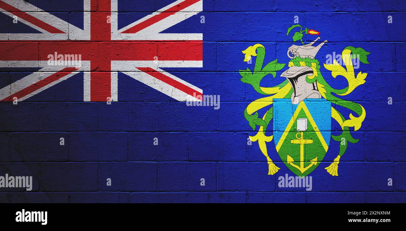 Die Flagge der Pitcairn Islands ist auf einer Wand aus einem Schlackenblock gemalt. Stockfoto