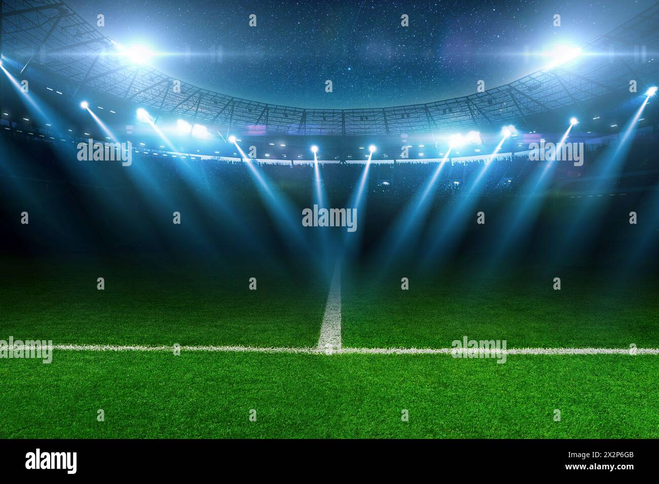 Modernes Fußballstadion Mit Grünem Rasen Und Blauem Spotlight. Fußball-Hintergrund. Fußballmeister Stockfoto