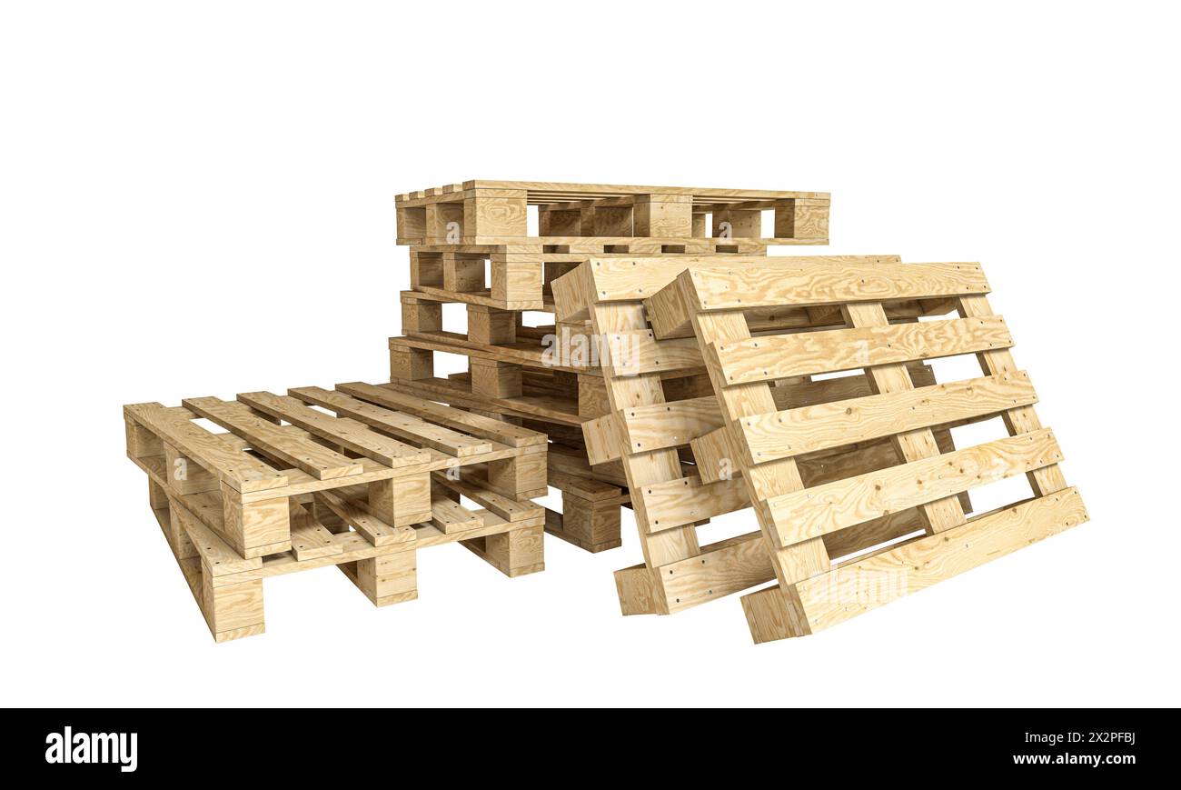 Stapel von Holzpaletten isoliert auf weiß. 3D-Rendering Stockfoto