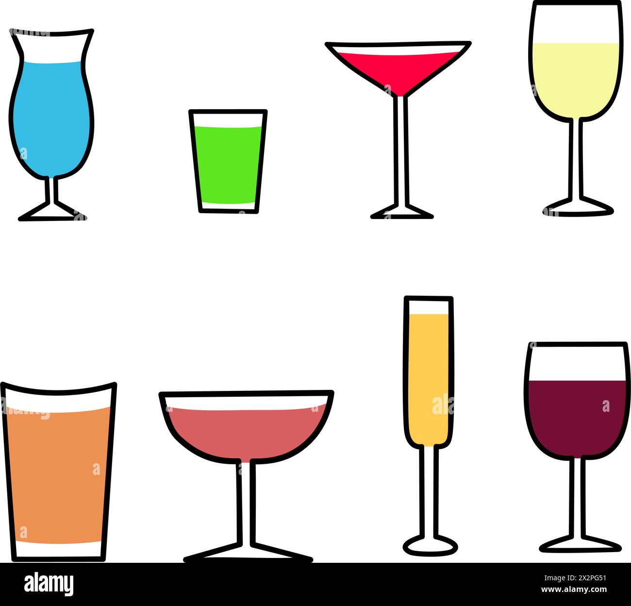 Cocktailglas-Symbol-Set. Vektorabbildung in abgewickelter Form. Stock Vektor