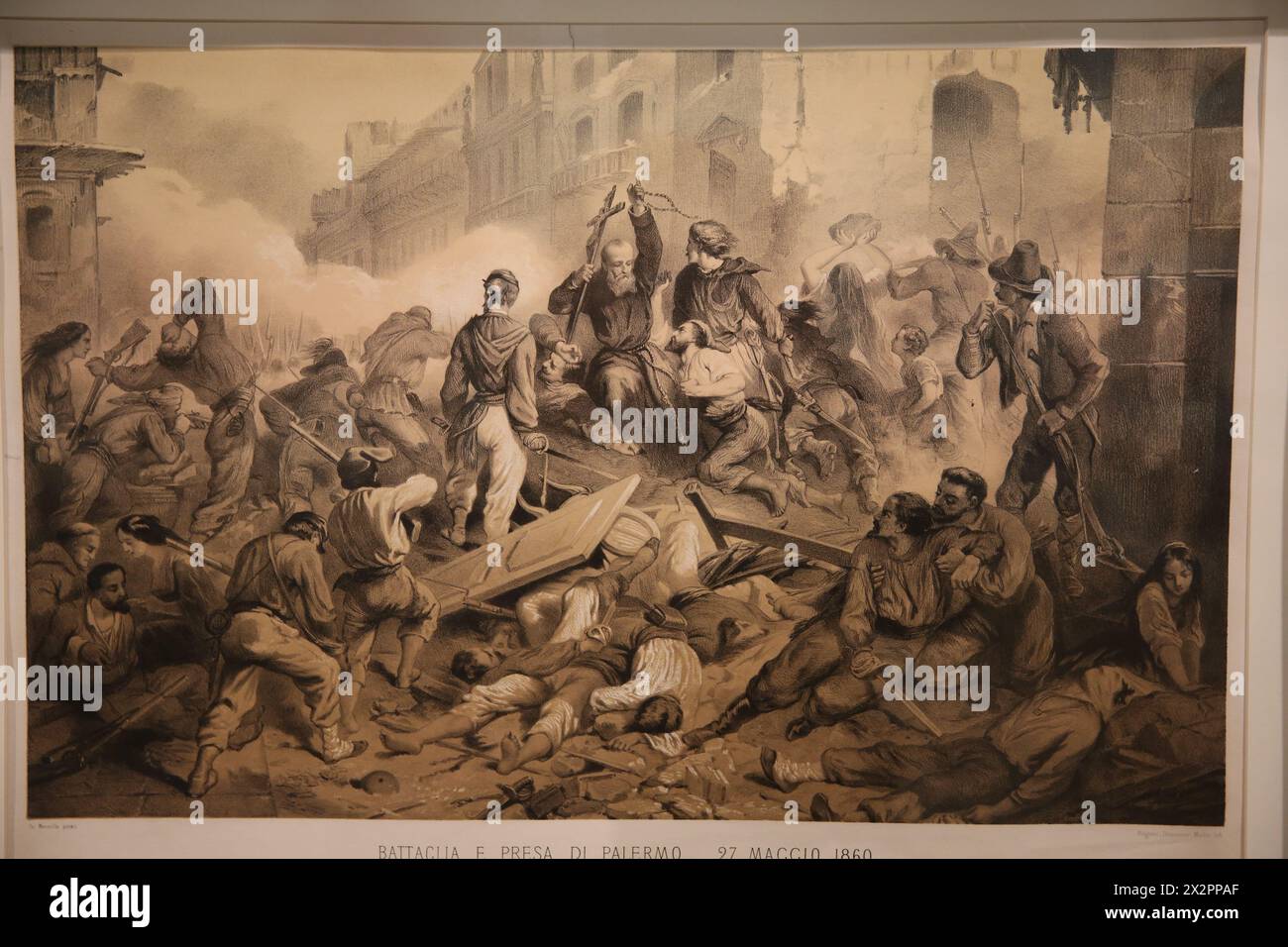Risorgimento. Belagerung von Palermo. Die Expedition der Tausenden, angeführt von Garibaldi. Der Aufstand verteidigt die Barrikade. 27. Mai 1860. Stockfoto