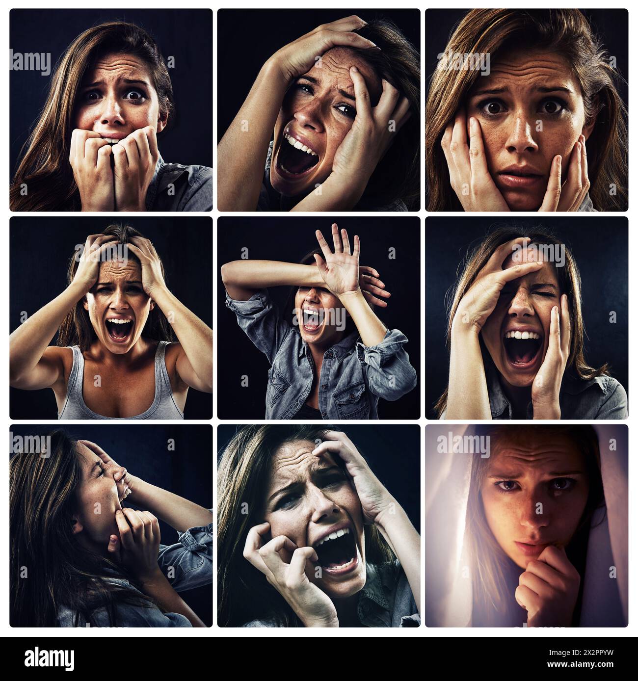 Verängstigte Frau, schreiend und Hand an Gesicht in Collage für Angst, Angst und psychische Gesundheit. Schreien, weibliche Menschen und Stress mit Kopfschmerzen des Horrors oder Stockfoto