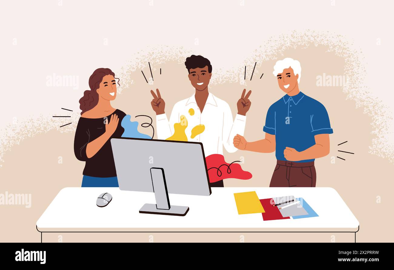 Teamarbeit. Gute Zusammenarbeit im geschäftlichen Team. Kommunikation mit Kollegen. Mitarbeiter, die im Büro zusammenarbeiten. Erfolgsjugendgruppe am Computer. Zusammenarbeit der Arbeitnehmer. Firmenmitarbeiter. Vektor-Zeichentrickfiguren Stock Vektor