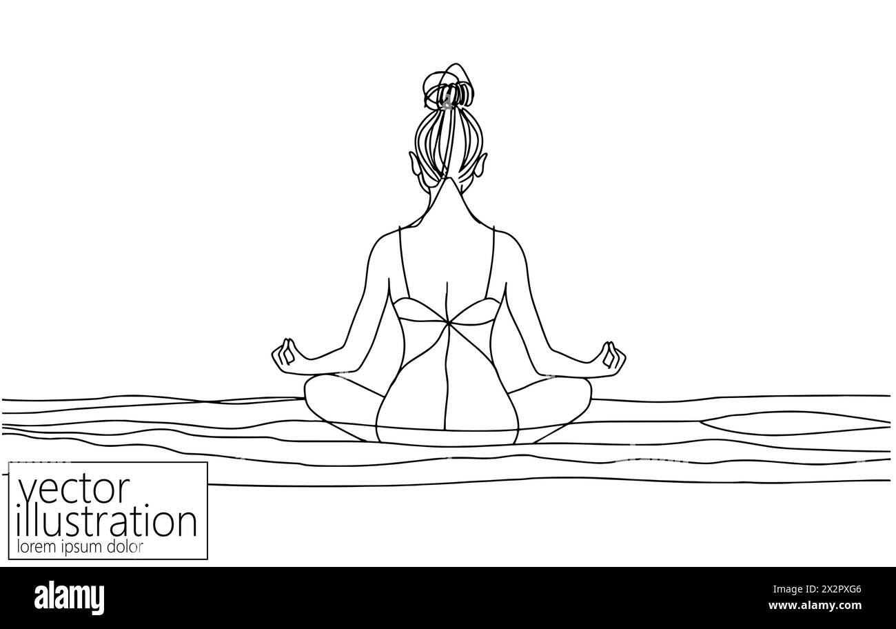 Eine durchgehende Art Yoga-Frau. Mädchen in Lotusposition Antistress Meditation minimalistische isolierte Skizziertinte Zeichnung. Vektorabbildung Stock Vektor