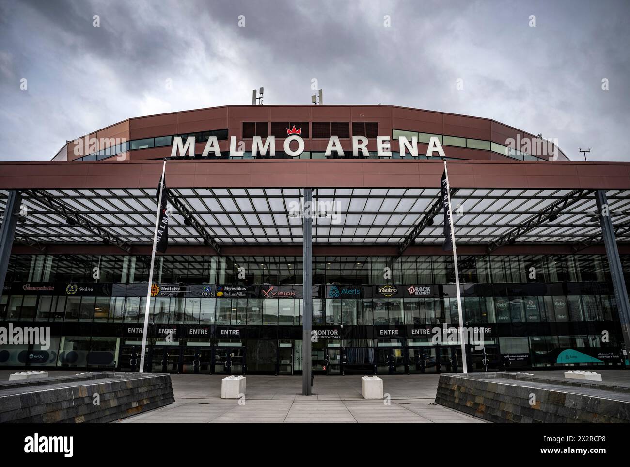 MALMÖ 2024-04-23der Haupteingang der Malmö Arena in Hyllie am 23. April 2024. Der Eurovision Song Contest (ESC) findet vom 4. Mai in der Malmö Arena statt Stockfoto