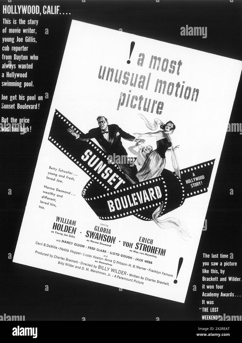 1950 Poster für Sunset Boulevard - ein Film von Billy Wilder mit William Holden und Gloria Swanson Stockfoto