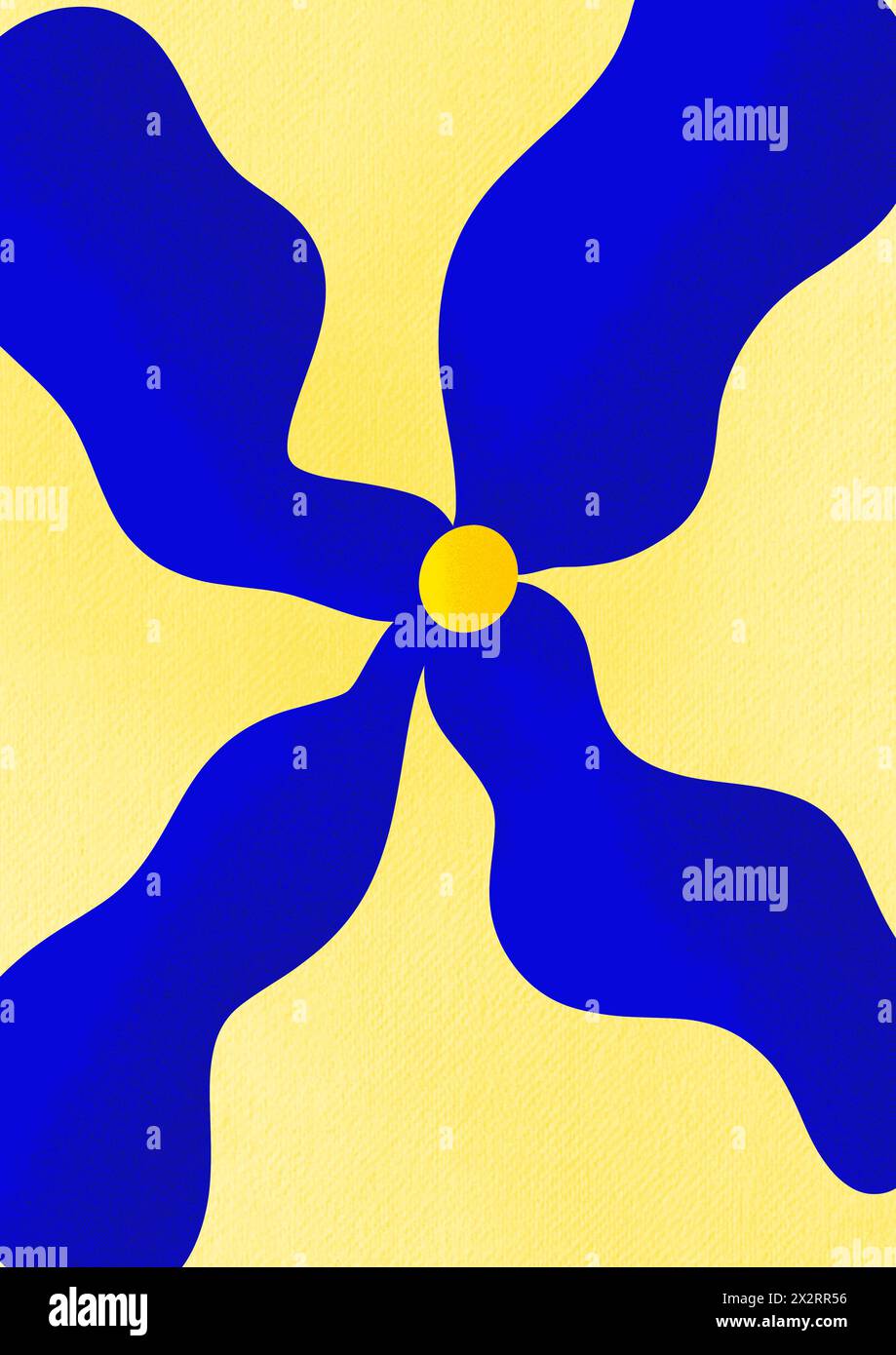 Abstrakte blaue Blume auf gelbem Hintergrund Stockfoto