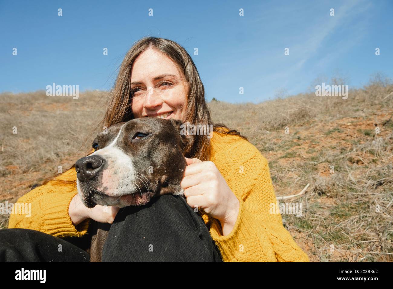 Glückliche Frau, die mit Hund auf dem Hügel sitzt Stockfoto