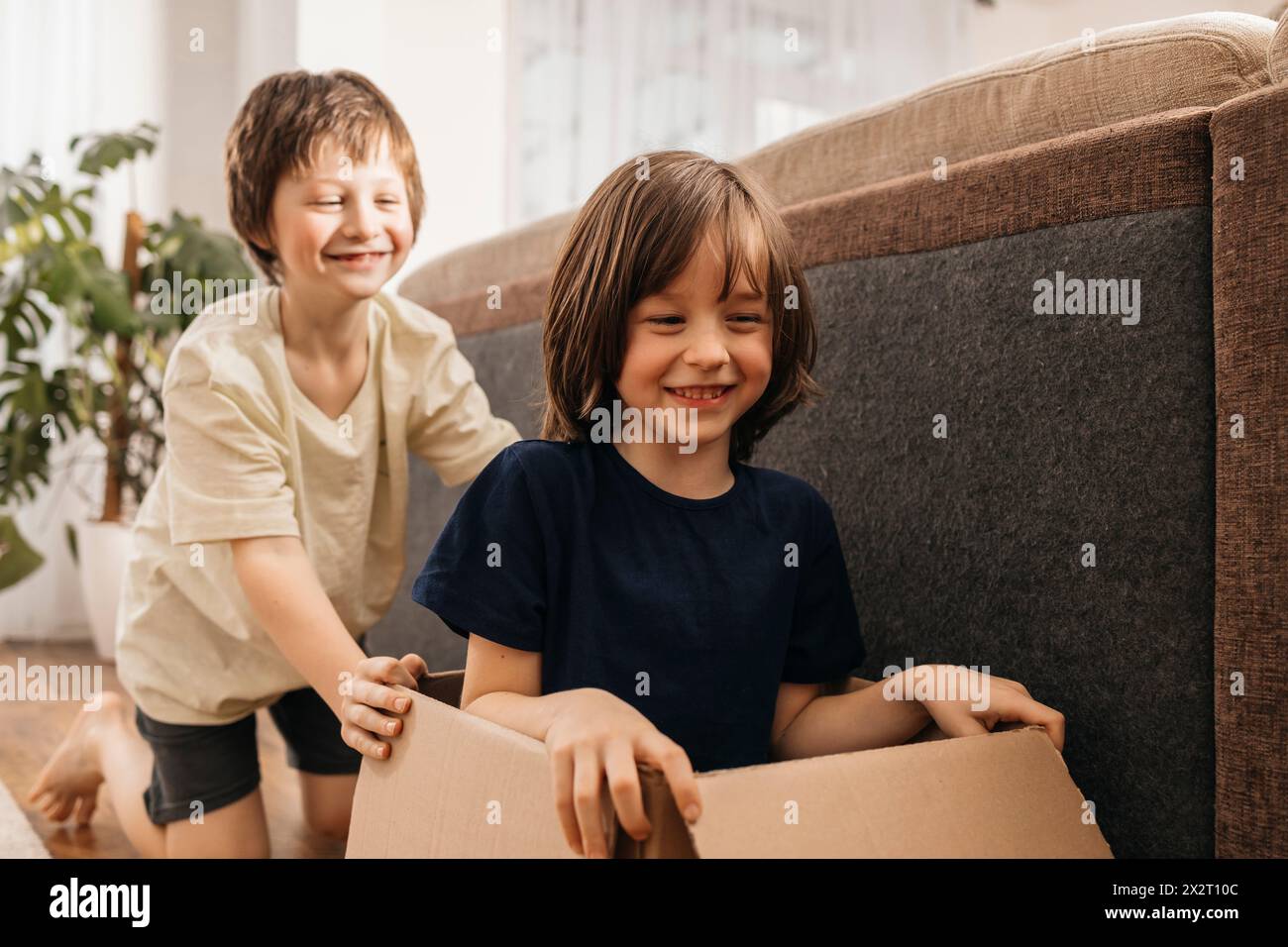 Ein glücklicher Junge, der Bruder zu Hause in einem Pappkarton sitzt Stockfoto