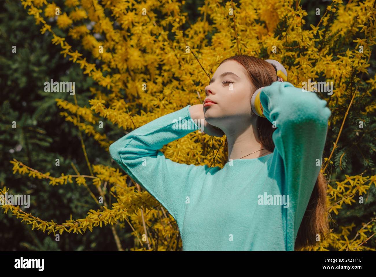 Junge Frau, die kabellose Kopfhörer trägt und Musik in der Nähe des gelben Blütenbaums hört Stockfoto