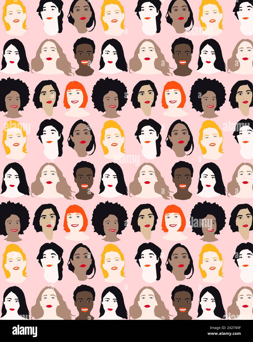 Muster der Reihen weiblicher Gesichter vor rosa Hintergrund Stockfoto