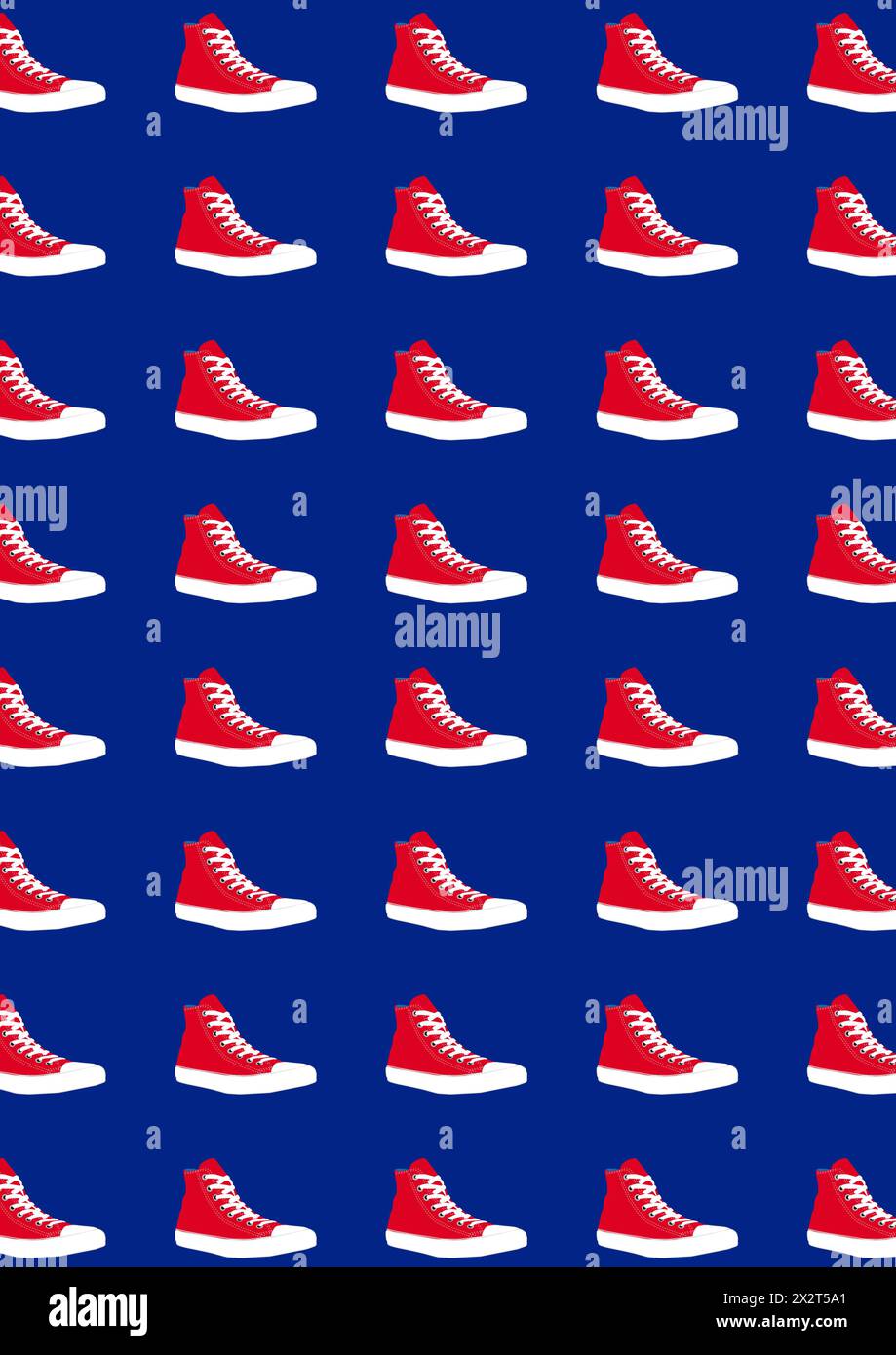 Muster von Reihen roter Sneakers auf blauem Hintergrund Stockfoto