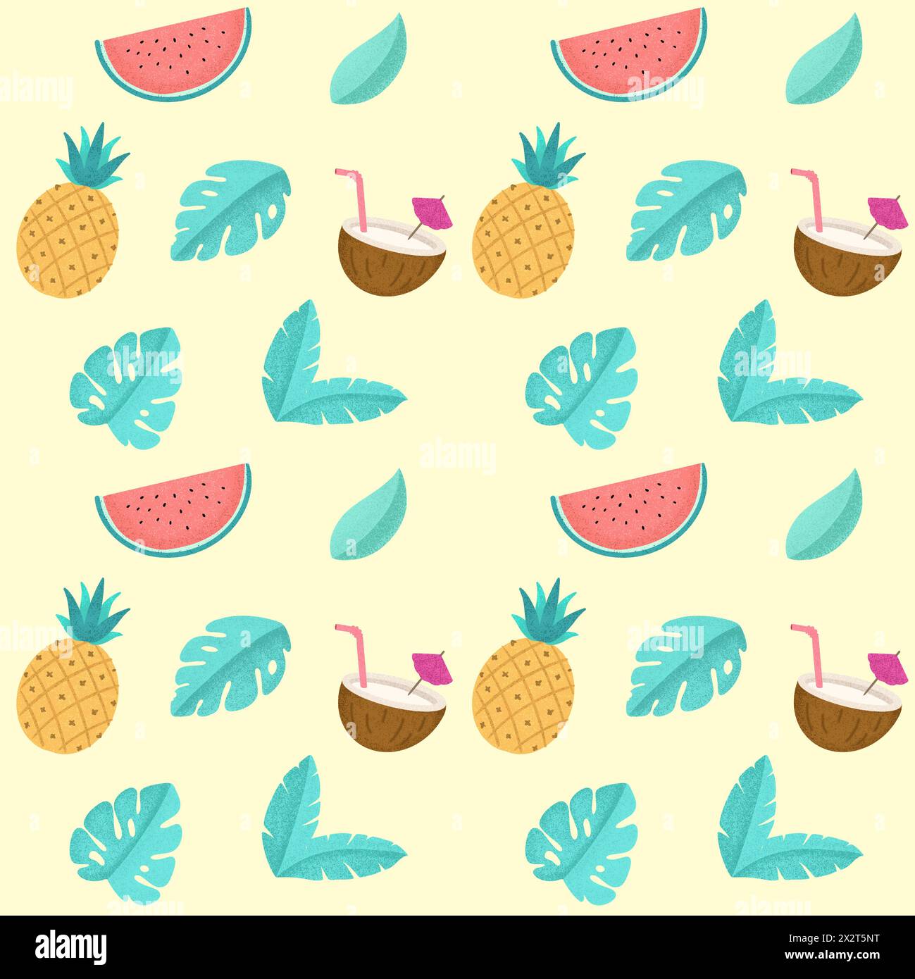 Illustration von Palmblättern inmitten tropischer Früchte auf farbigem Hintergrund Stockfoto
