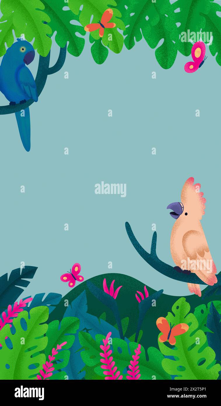 Illustration tropischer Vögel und Dschungel Stockfoto
