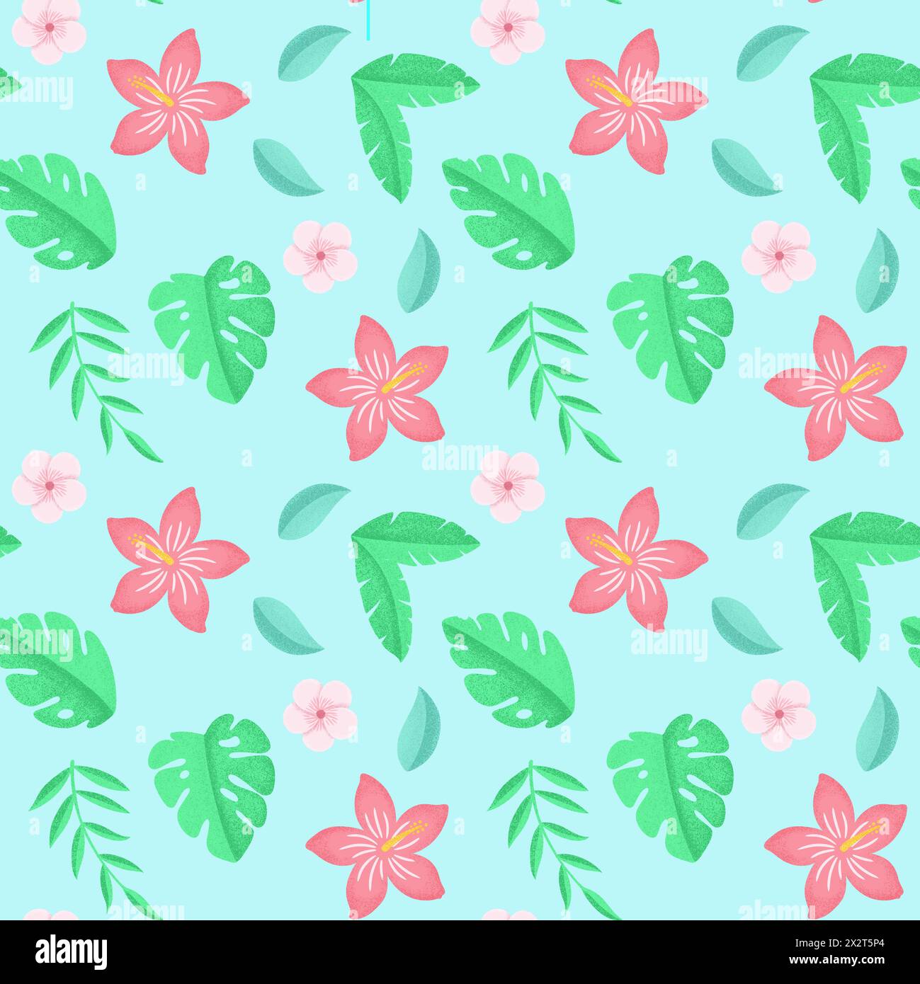 Illustration tropischer Blätter und Blumen auf blauem Hintergrund Stockfoto