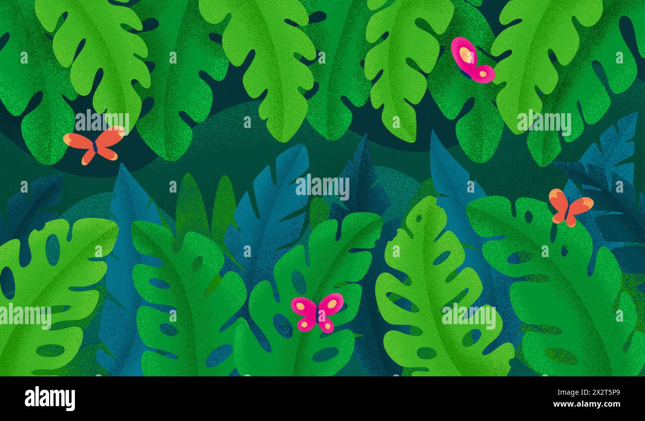 Illustration von Schmetterlingen an Pflanzen im tropischen Regenwald Stockfoto