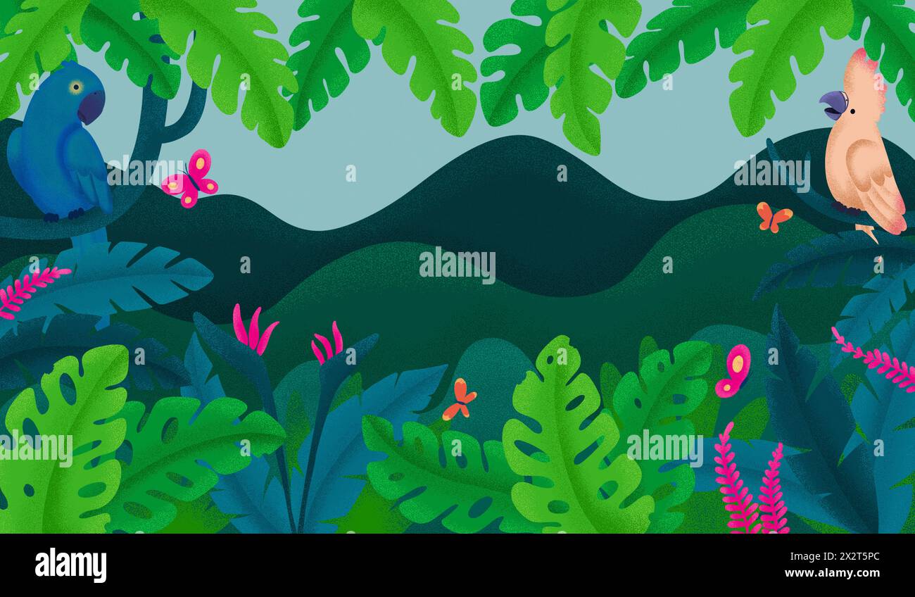 Illustration von tropischen Vögeln und Regenwald Stockfoto