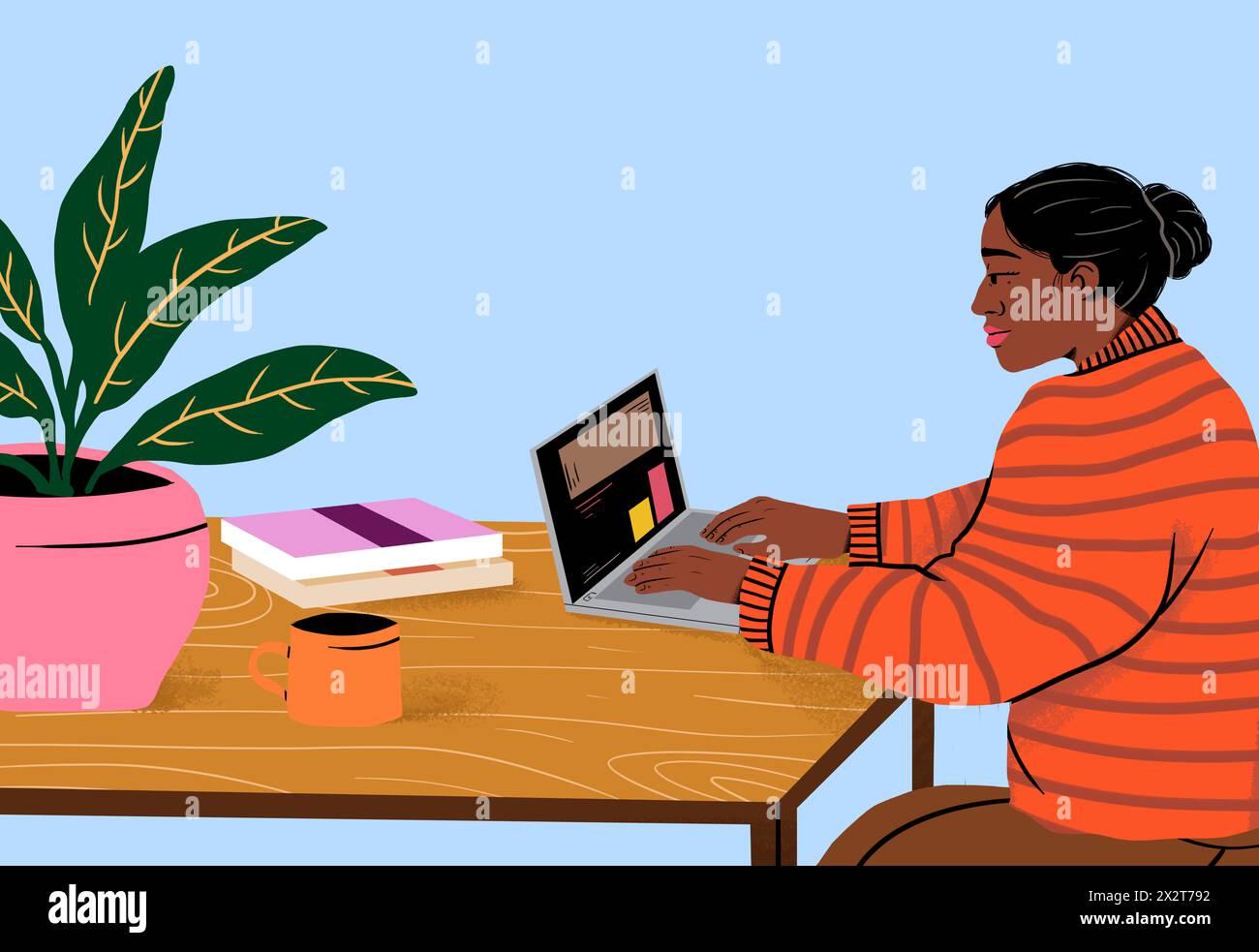 Geschäftsfrau mit Laptop auf Tisch vor farbigem Hintergrund Stockfoto