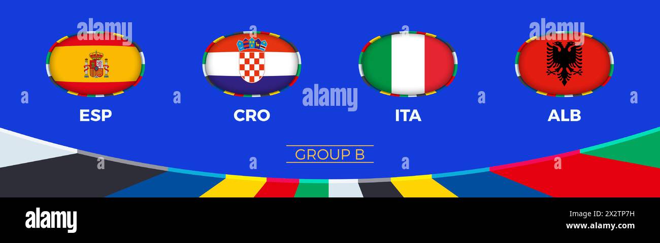 Fußball 2024 Gruppe B Teilnehmer des europäischen Fußballturniers, Nationalflaggen stilisiert im Turnierstil. Vektorabbildung. Stock Vektor