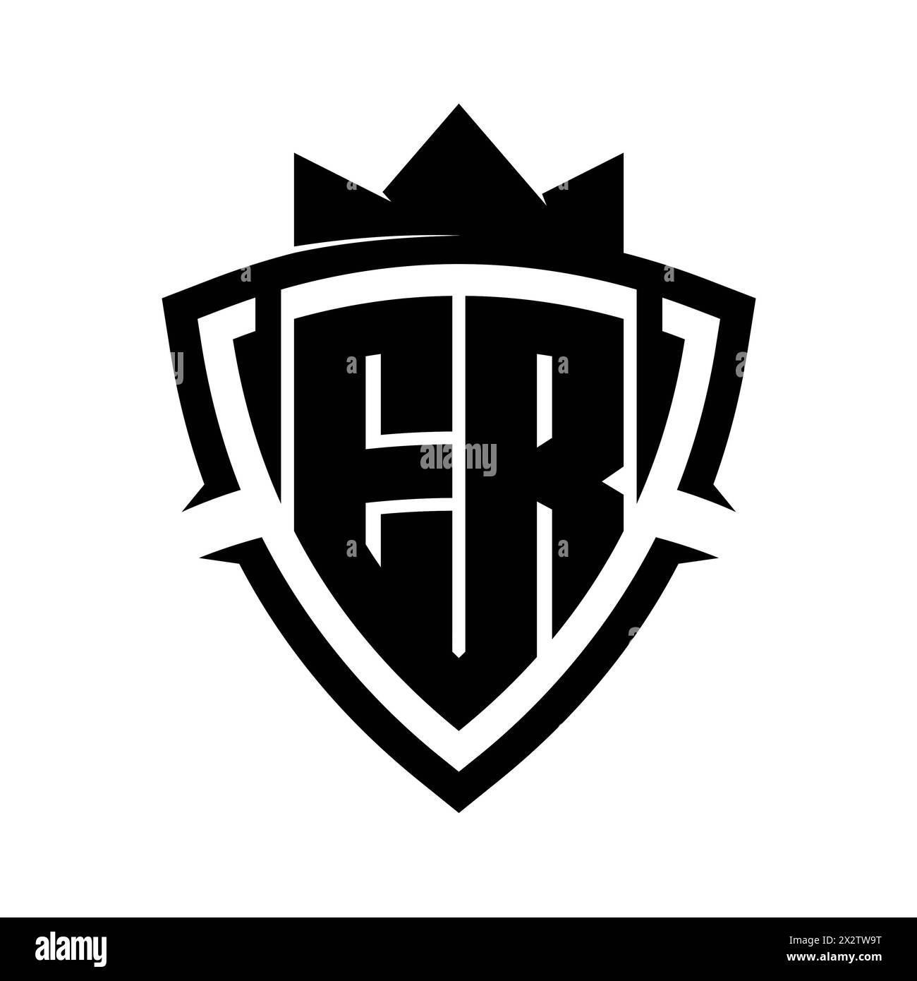 Auffälliges Monogramm mit dreieckiger Kurvenschildform mit farbiger Farbvorlage in Kronschwarz und weiß Stockfoto