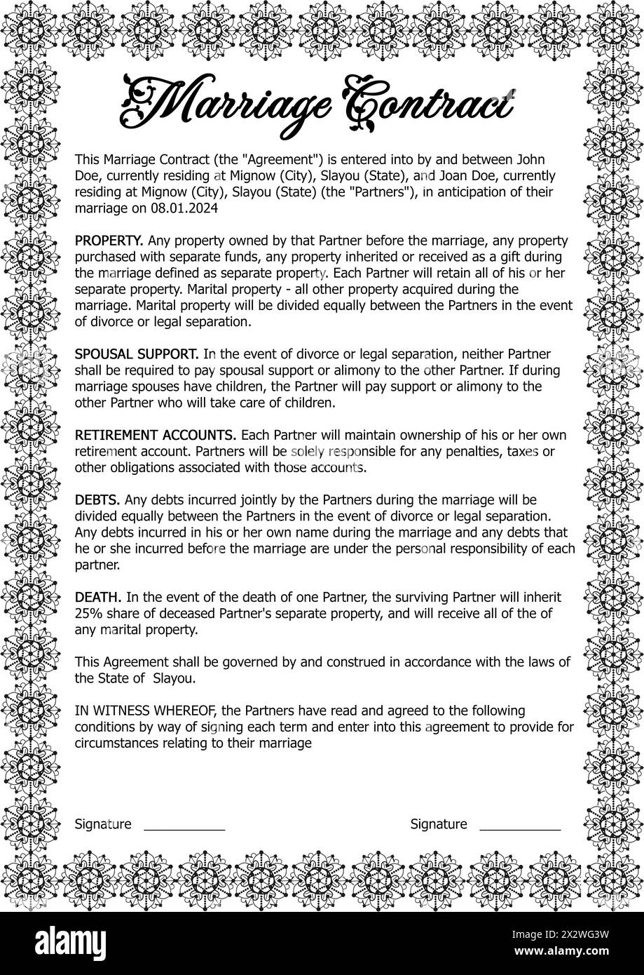Heiratsvertrag. Text der Vereinbarung über weißen Hintergrund Stockfoto
